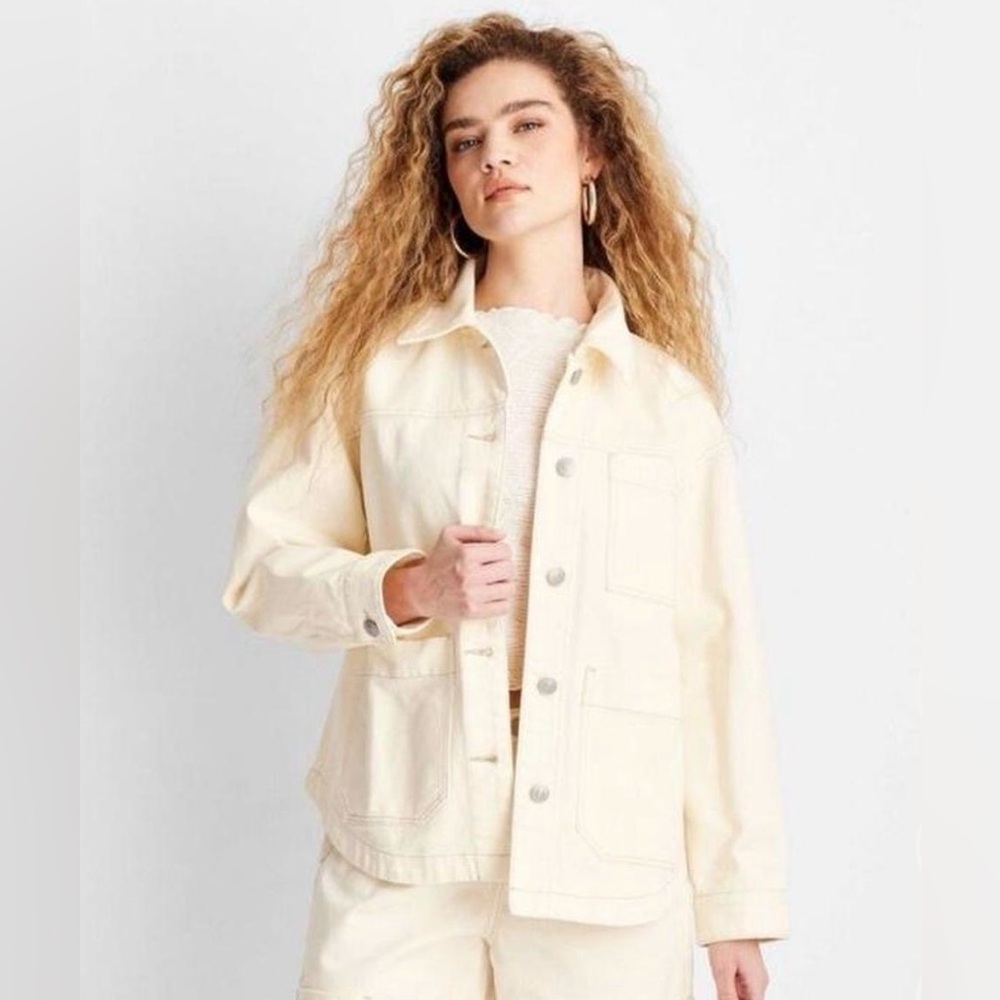 🌸NWOT FUTURE COLLECTIVE CREAM DENIM UTILITY JACKET SIZE X-SMALL🌸